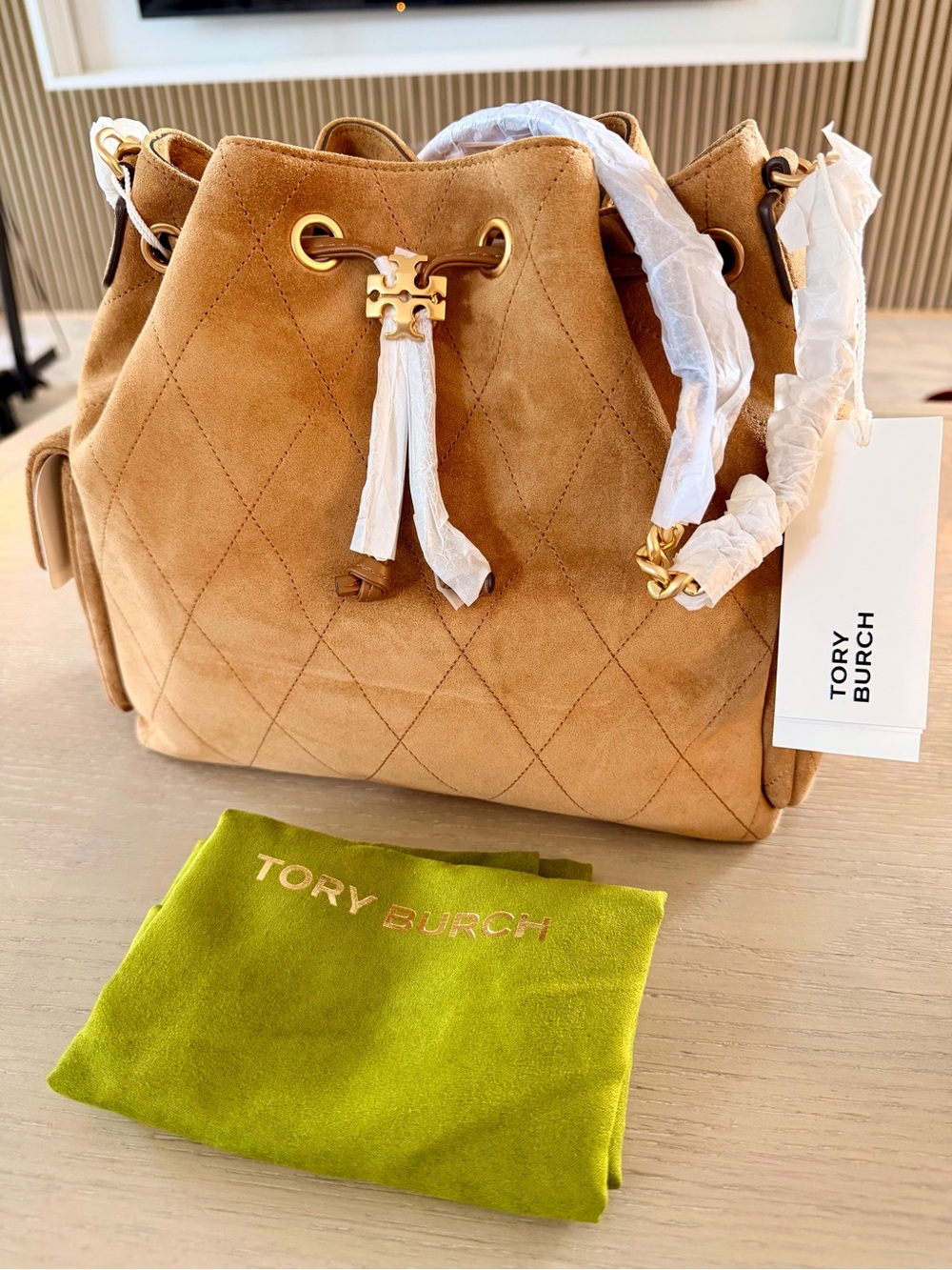 Tory Burch Charlie Quilted Suede Drawstring Bag in Toffee